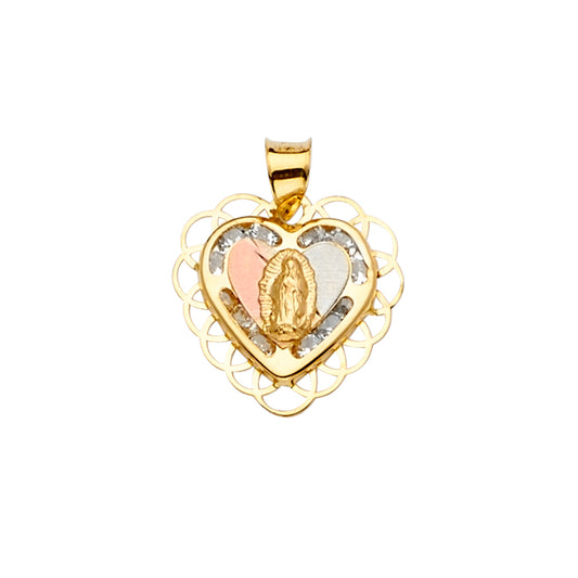 14K Tri-Color Gold Heart Filigree Virgin Guadalupe CZ Medallion Pendant aprox 3/4" tall