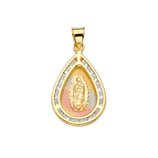 14K Tri-Color Gold Teardrop Virgin Guadalupe CZ Medallion Pendant aprox 1" tall