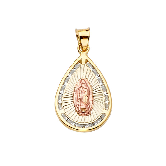 14K Two-Tone Gold Teardrop Virgin Guadalupe CZ Medallion Pendant aprox 1" tall