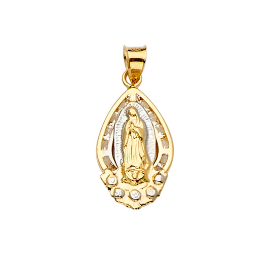 14K Two-Tone Gold Teardrop Virgin Guadalupe CZ Pendant aprox 1" tall
