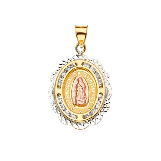 14K Tri-Color Gold Virgen de Guadalupe CZ Medallion Pendant aprox 1" tall