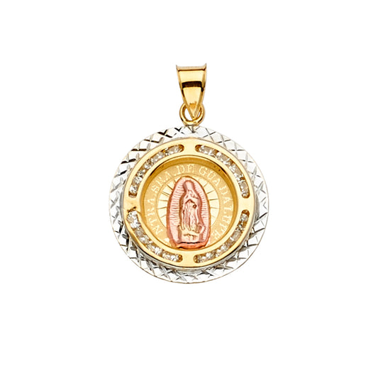 14K Tri-Color Gold Virgen de Guadalupe CZ Medallion Pendant aprox 1" tall