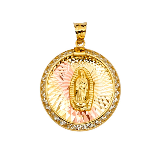 14K Tri-Color Gold Round Virgin Guadalupe Medallion CZ Pendant aprox 1" tall