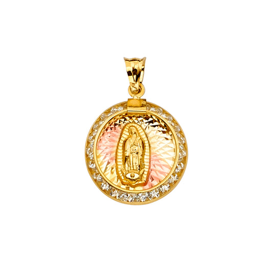 14K Tri-Color Gold Round Virgin Guadalupe Medallion CZ Pendant aprox 3/4" tall