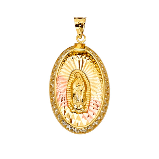 14K Tri-Color Gold Oval Virgin Guadalupe CZ Medallion Pendant aprox 1 1/4" tall