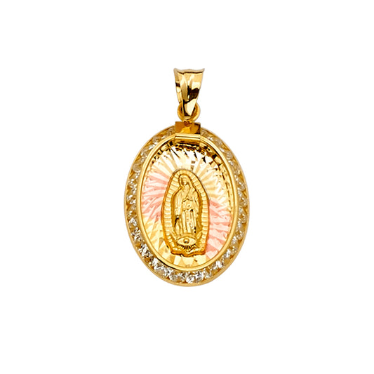 14K Tri-Color Gold Oval Virgin Guadalupe CZ Medallion Pendant aprox 1" tall