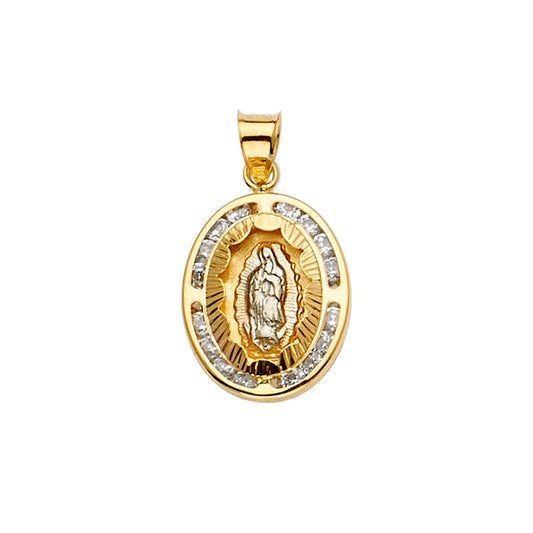 14K Two-Tone Gold Oval Virgin Guadalupe Medallion CZ Pendant aprox 1" tall