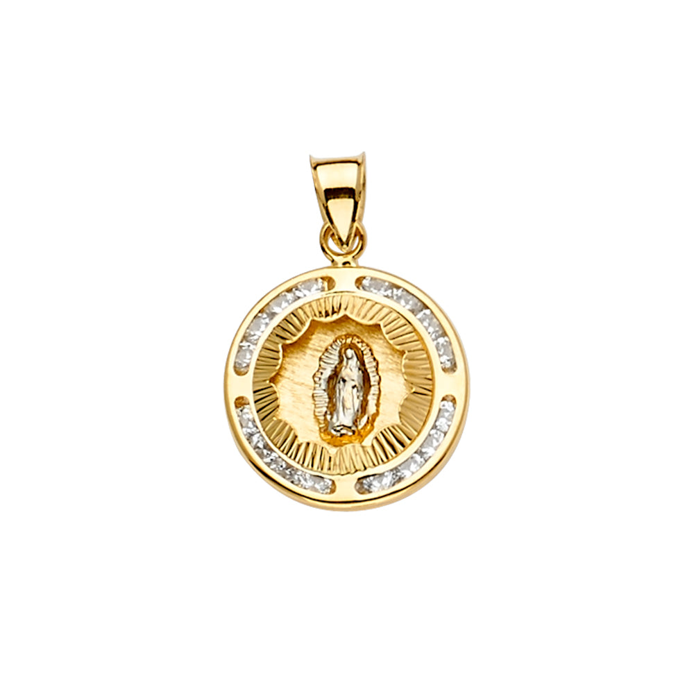 14K Two-Tone Gold Virgin Guadalupe Round Medallion CZ Pendant aprox 3/4" tall