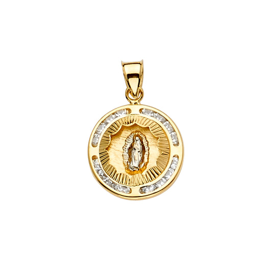 14K Two-Tone Gold Virgin Guadalupe Round Medallion CZ Pendant aprox 3/4" tall