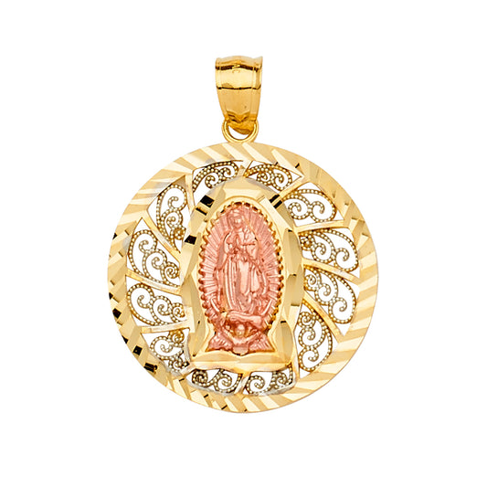14K Tri-Color Gold Round Virgen de Guadalupe Filigree Pendant