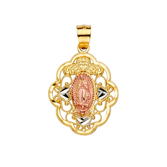 14K Tri-Color Gold Virgen de Guadalupe Filigree Heart Pendant