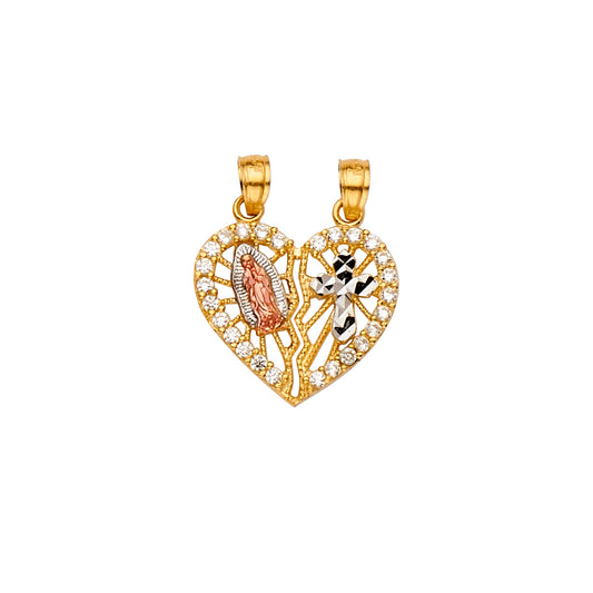 14K Tri-Color Gold Double Sided Virgen de Guadalupe & Cross Heart Design CZ Pendant