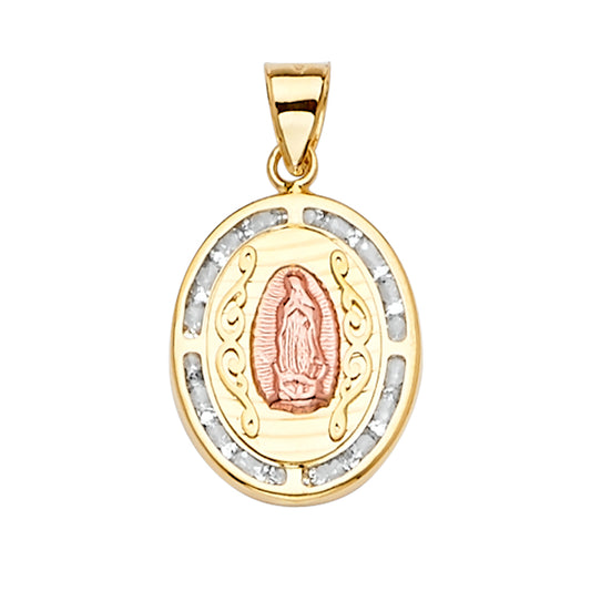 14K Two-Tone Gold Virgin Guadalupe Oval Medallion CZ Pendant aprox 1" tall