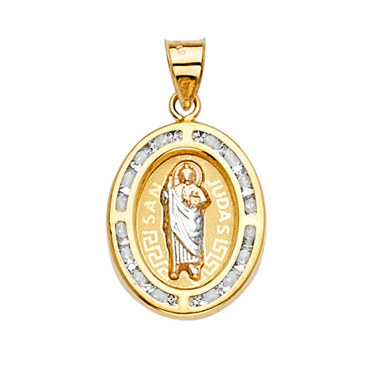 14K Tri-Color Gold Oval San Judas CZ Pendant aprox 1" tall