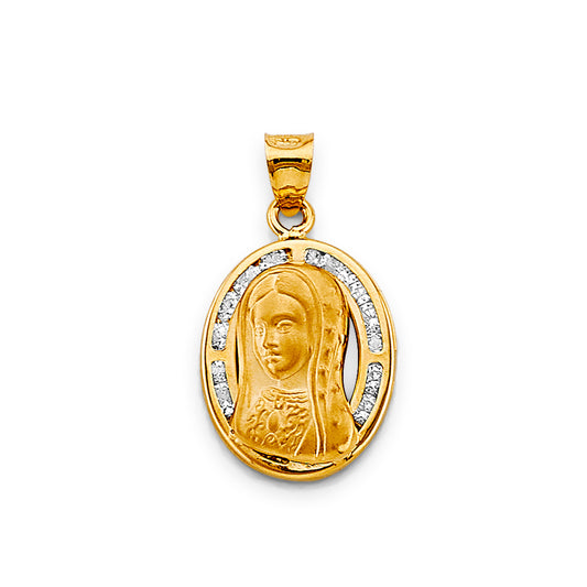 14K Yellow Gold Virgin Mary Sacred Heart Oval Medallion CZ Pendant aprox 1" tall