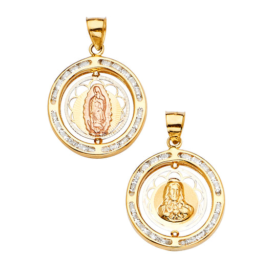14K Tri-Color Gold Double Sided / Reversible Guadalupe & Sacred Heart CZ Pendant aprox 1" tall