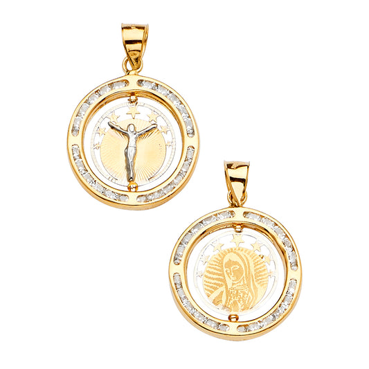 14K Tri-Color Gold Double Sided / Reversible Guadalupe & Crucifix CZ Pendant aprox 1" tall