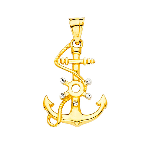 14K Two-Tone Gold Anchor & Ship Wheel Pendant