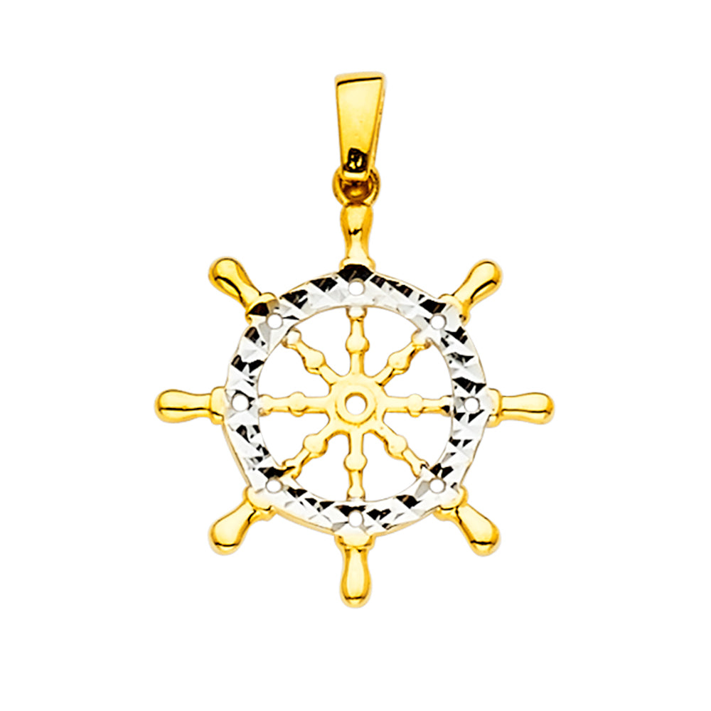 14K Two-Tone Gold Ship Wheel Pendant