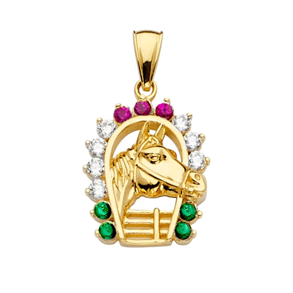 14K Yellow Gold Horse Head Pendant with Multicolor CZ Stones