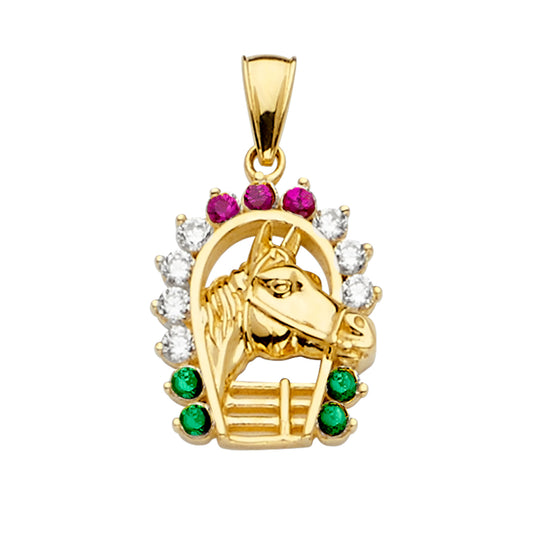 14K Yellow Gold Horse Head Pendant with Multicolor CZ Stones
