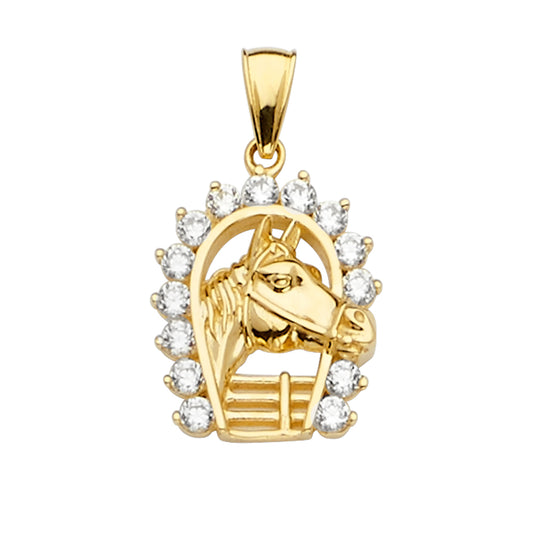 14K Yellow Gold Horse Head Pendant with CZ Stones