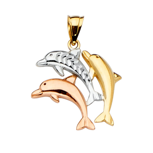 14K Tri-Color Gold Triple Dolphin Pendant aprox 1" Tall