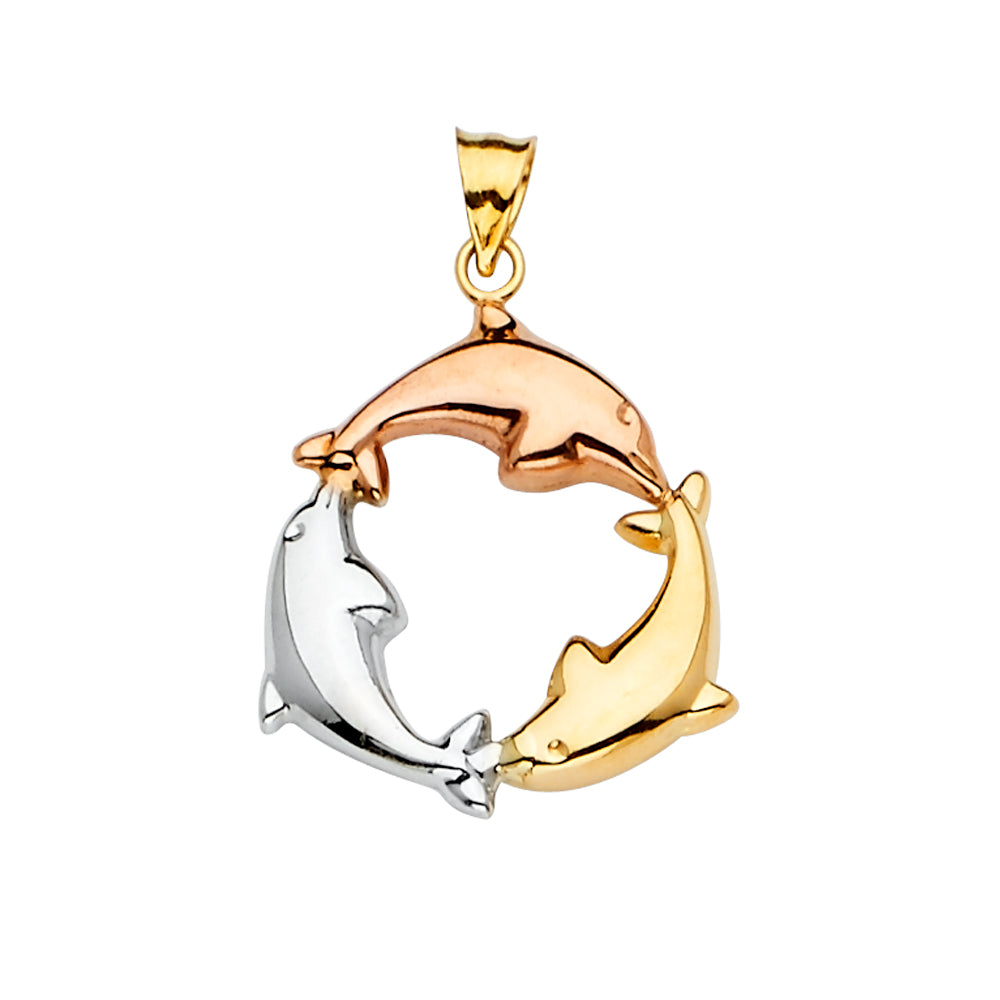 14K Tri-Color Gold Circle of Dolphins Pendant