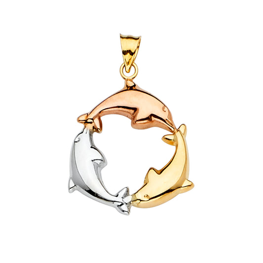 14K Tri-Color Gold Circle of Dolphins Pendant