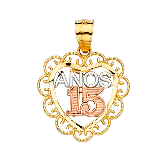 14K Tri-Color Gold Filigree Heart Quinceañera “15 Años” Pendant