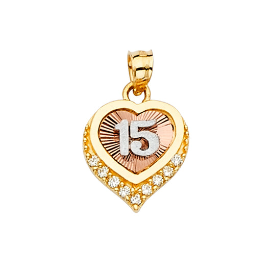14K Tri-Color Gold Heart Quinceañera “15” CZ Pendant