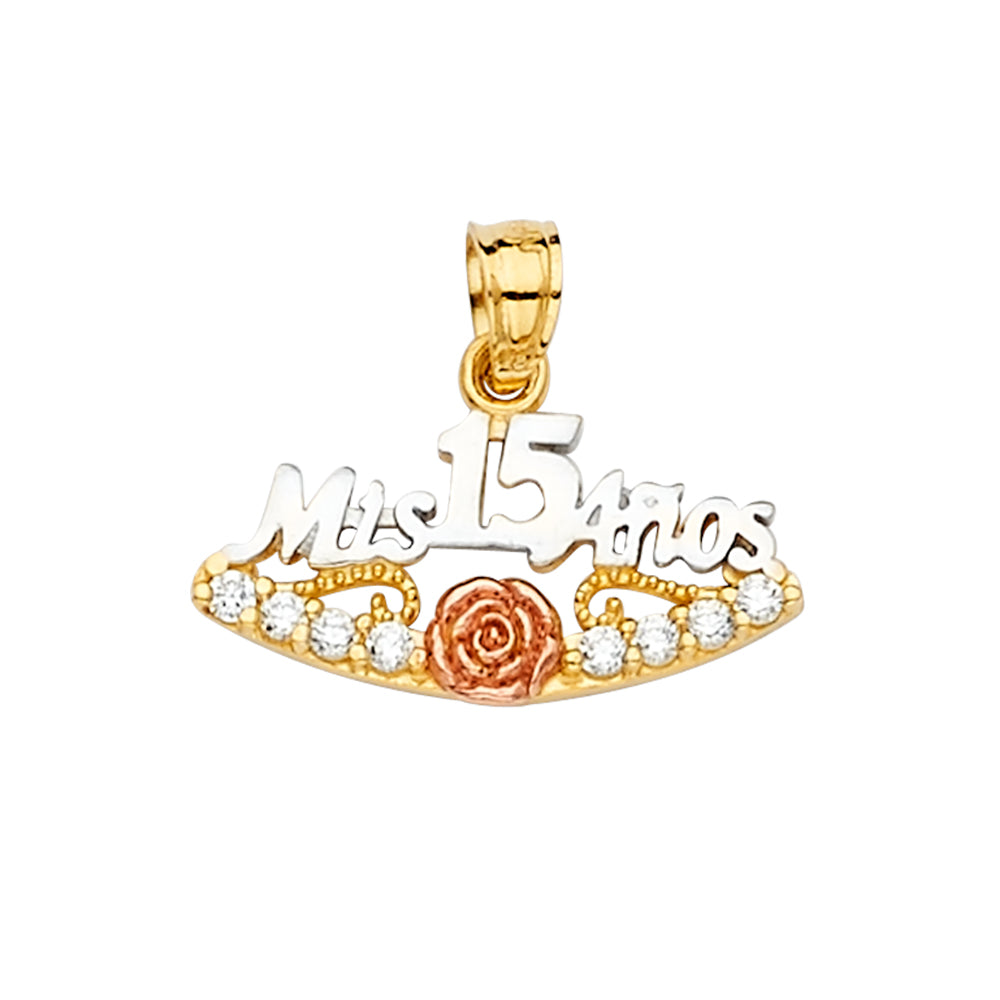 14K Tri-Color Gold “Mis 15 Años” Rose Design CZ Pendant