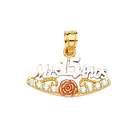 14K Tri-Color Gold “Mis 15 Años” Rose Design CZ Pendant