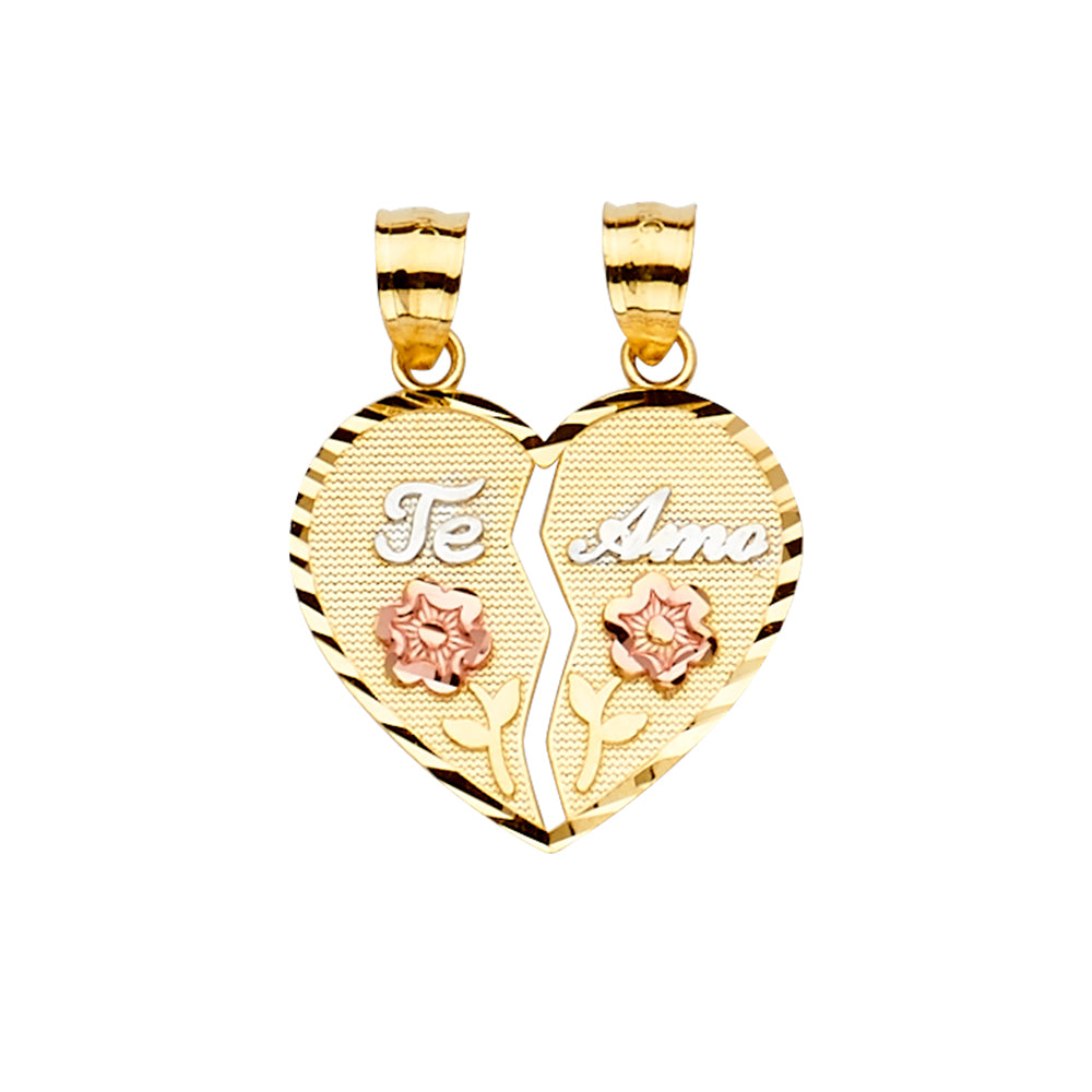 14K Tri-Color Gold Double Sided “Te Amo” Broken Heart Design Pendant