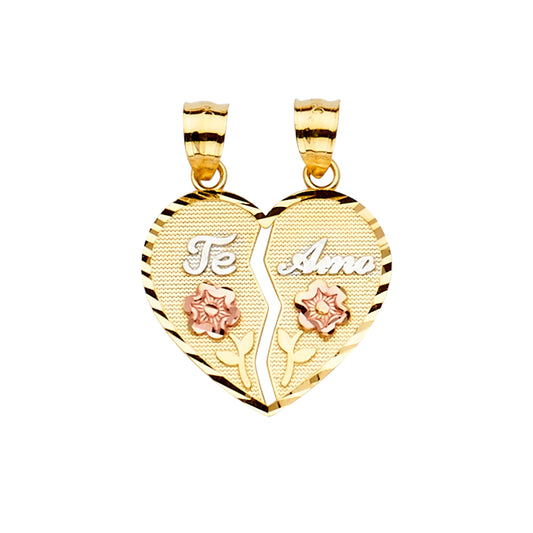 14K Tri-Color Gold Double Sided “Te Amo” Broken Heart Design Pendant
