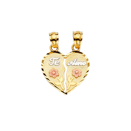 14K Tri-Color Gold Double Sided “Te Amo” Broken Heart Design Pendant