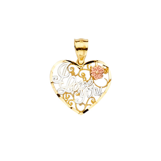 14K Tri-Color Gold Heart Filigree “I Love You” Pendant