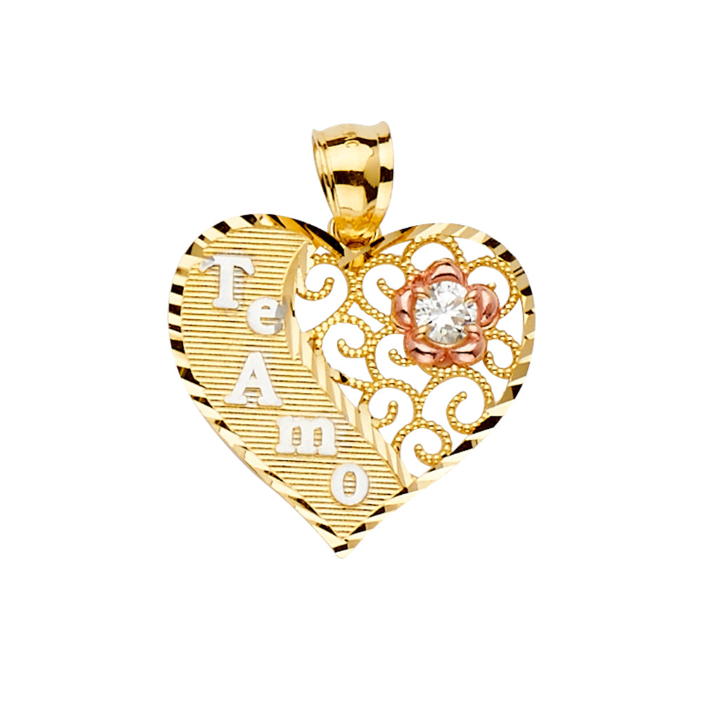 14K Tri-Color Gold Heart “Te Amo” CZ Pendant