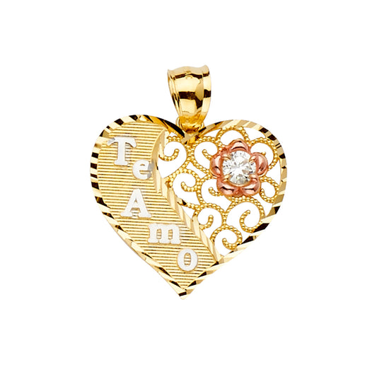 14K Tri-Color Gold Heart “Te Amo” CZ Pendant