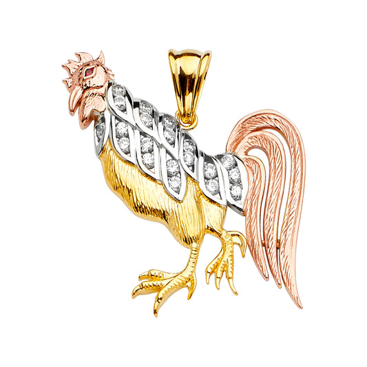 14K Tri-Color Gold Rooster CZ Pendant