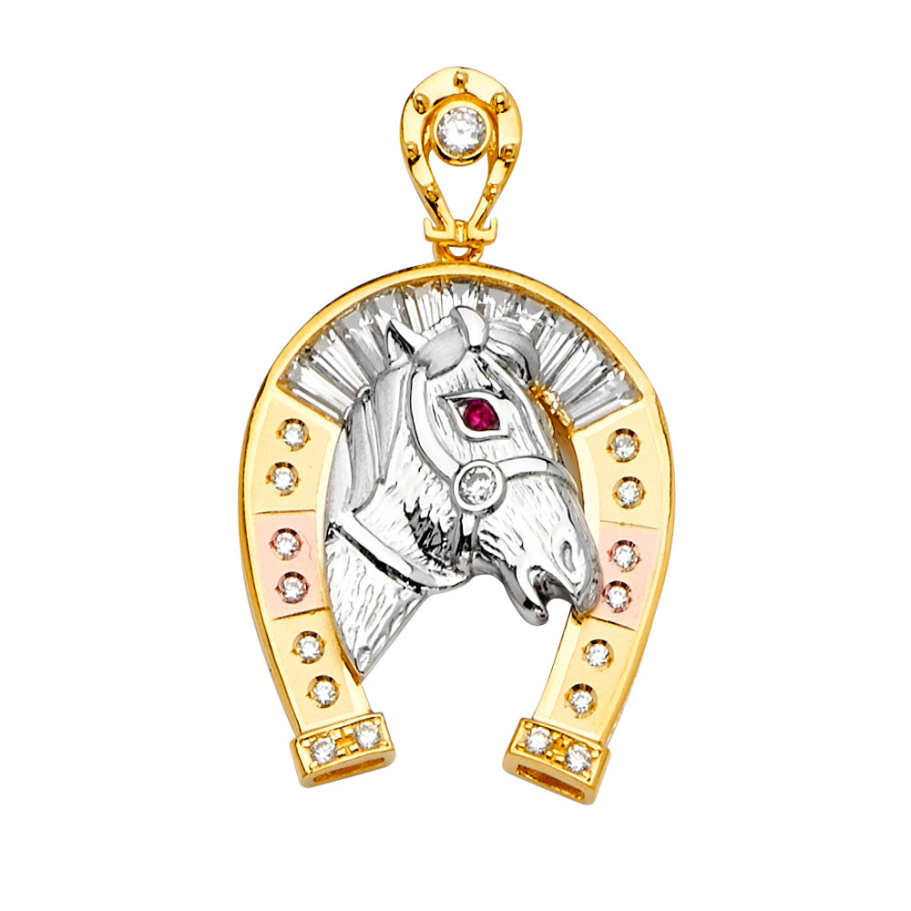 14K Tri-Color Gold Horse Head Horseshoe CZ Pendant