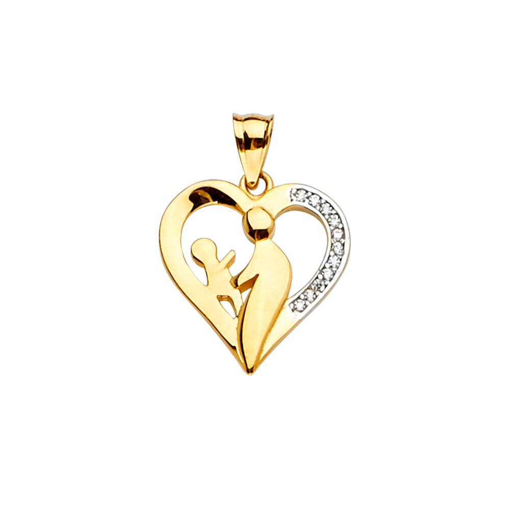14K Two-Tone Gold Mother and Child Heart CZ Pendant