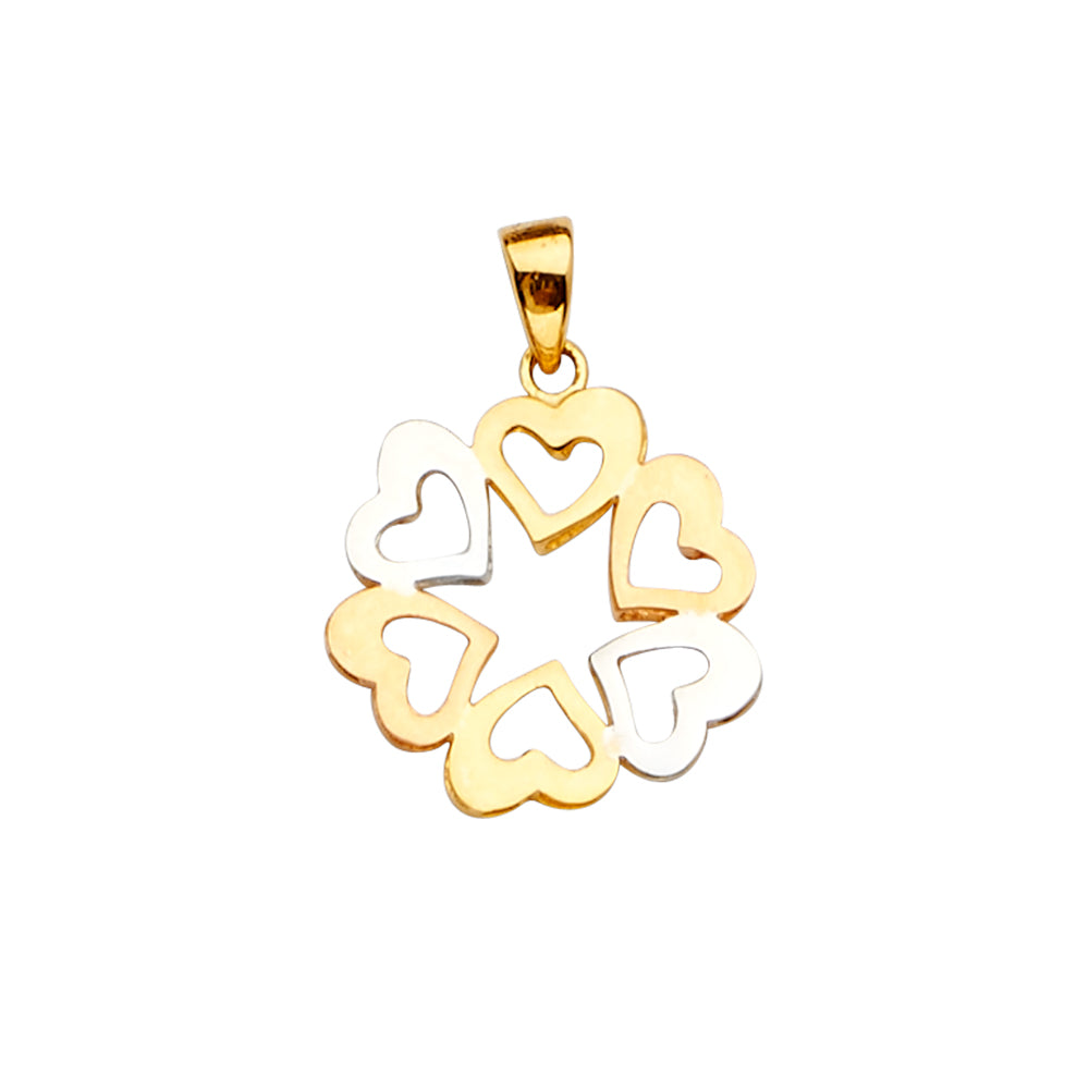 14K Tri-color Gold Open Hearts Circle Pendant