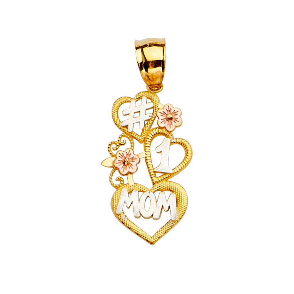 14K Tri-Color Gold #1 Mom Heart & Flower Pendant
