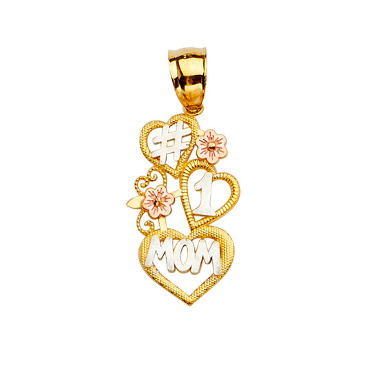 14K Tri-Color Gold #1 Mom Heart & Flower Pendant
