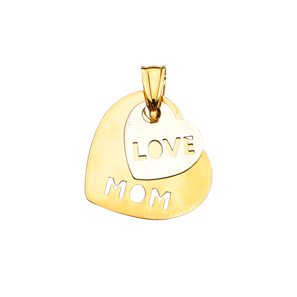 14K Two-Tone Gold Love Mom Double Heart Pendant