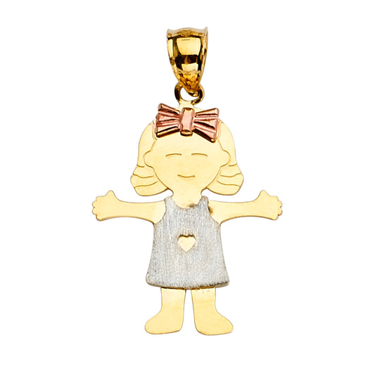 14K Tri-Color Gold Girl with Heart Dress Pendant