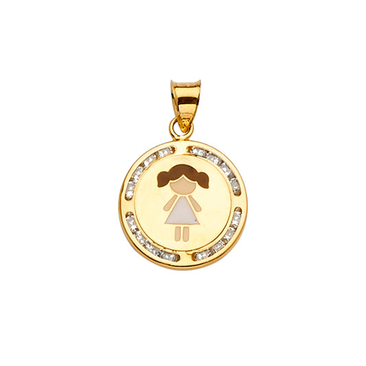 14K Yellow Gold Girl Medallion Pendant with CZ Border