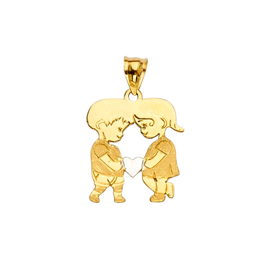14K Two-Tone Gold Boy and Girl Holding Heart Pendant