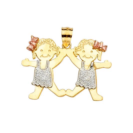 14K Tri-Color Gold Twin Girls Pendant